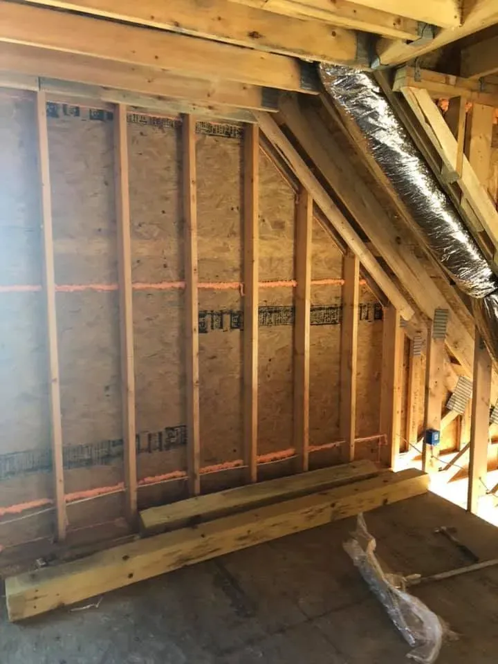 Framed exterior wall from inside